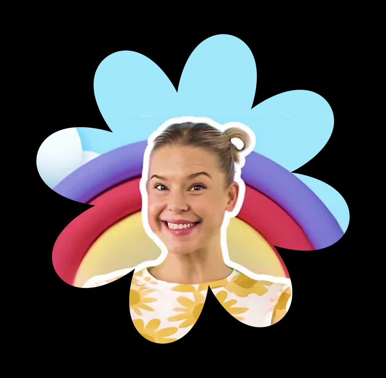 Hattie May smiling inside a big blue flower