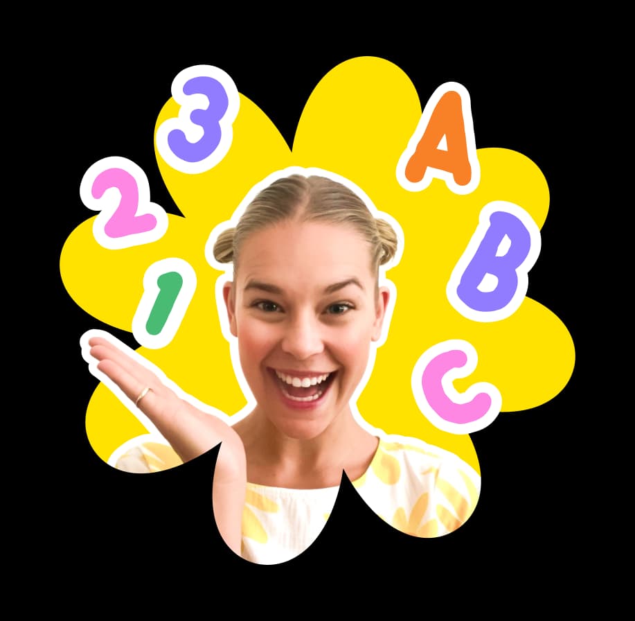 Hattie May smiling, surrounded by letters and numbers